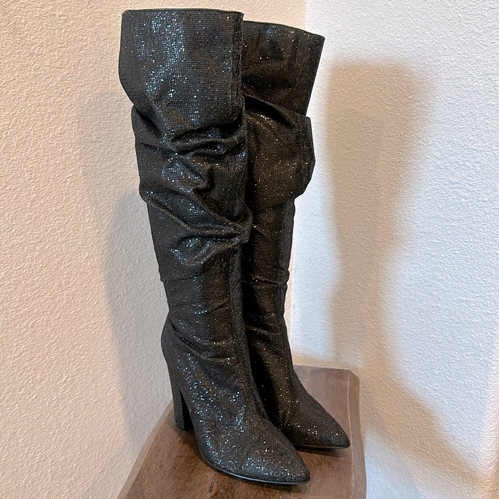 Cape Robbin Black Glitter Pointed Toe Scrunchy Heel Boots Size 8